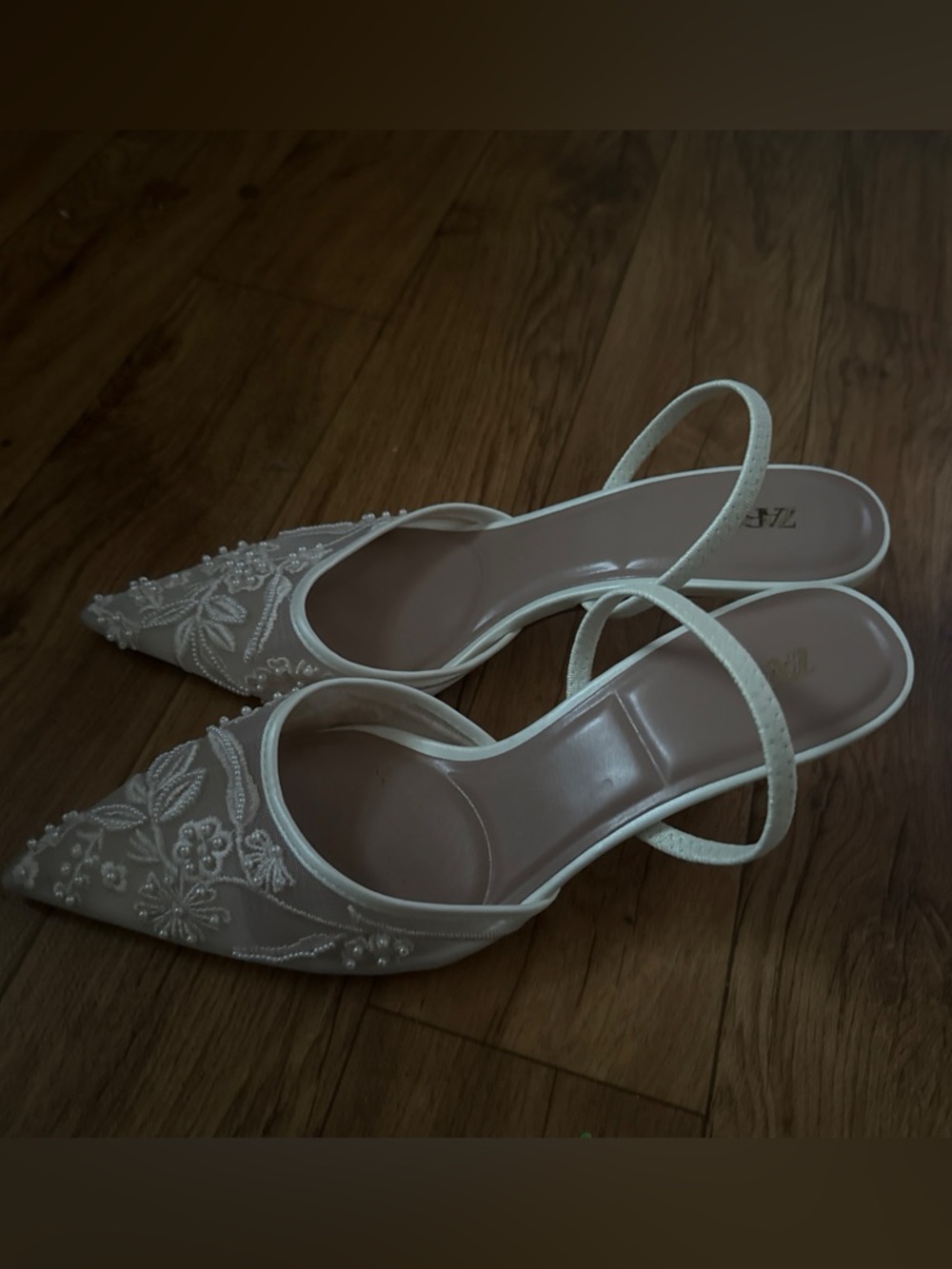 Zara Ivory Embroidered Pointed Toe Slingback Mules